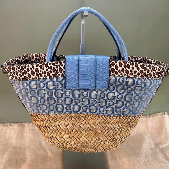 Vintage Guess Blue Logo Straw Tote with Leopard Trim - Picture 4 of 5
